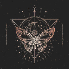 Vector illustration with hand drawn butterfly and Sacred geometric symbol on black vintage background. Abstract mystic sign.