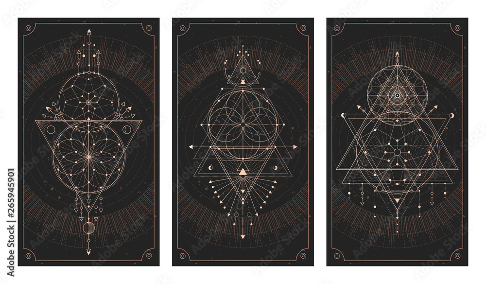 Vector set of three dark backgrounds with geometric symbols, grunge textures and frames. - obrazy, fototapety, plakaty 