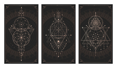 Wall Mural - Vector set of three dark backgrounds with geometric symbols, grunge textures and frames.