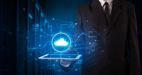 Poster - Formal hand in server room with virtual workspace concept
