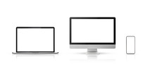 Set New Model Of Computer Display Or Desktop And Smartphone Laptop On White Background,Mockup Separate Groups