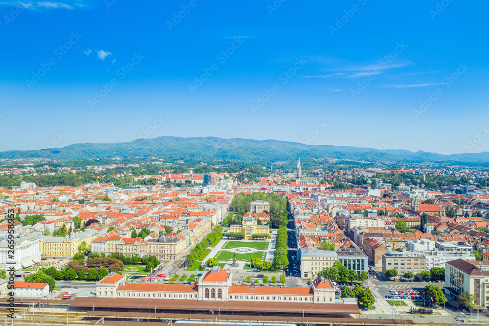 Zagreb, Croatia, aerial shot of historic city center, famous horseshoe parks, central train station, art pavilion and cathedral in background - obrazy, fototapety, plakaty 