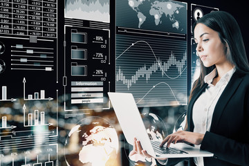 Poster - Attractive young businesswoman with business interface