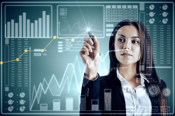 Poster - Pretty young businesswoman with business interface