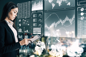 Poster - Pretty young businesswoman with business interface