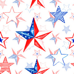 Wall Mural - Watercolor memorial day seamless pattern with hand painted red, white and blue stars. Festive 4th of july repeat background.