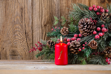 Christmas greeting card. Festive decoration on wooden background. New Year concept. Copy space.  Flat lay. Top view.