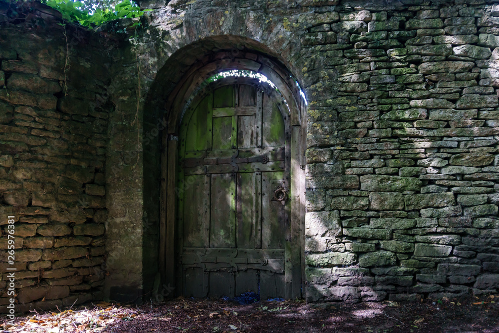 old weathered wooden door in stone wall arch Stock Photo | Adobe Stock