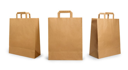 folded paper bag with handle isolated on white background