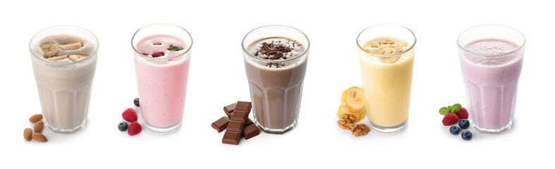 Poster - Set of glasses with delicious protein shakes on white background