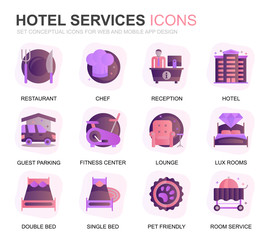 Poster - Modern Set Hotel Service Gradient Flat Icons for Website and Mobile Apps. Contains such Icons as Restaurant, Room Services, Reception. Conceptual color flat icon. Vector pictogram pack.