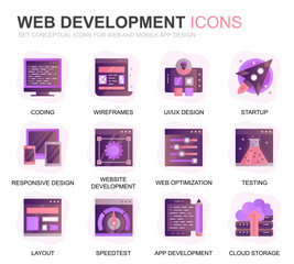 Fototapete - Modern Set Web Disign and Development Gradient Flat Icons for Website and Mobile Apps. Contains such Icons as Coding, App Development, Usability. Conceptual color flat icon. Vector pictogram pack.