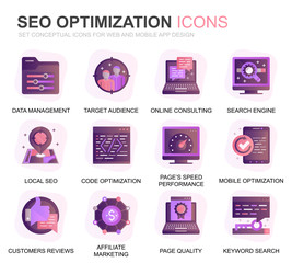 Leinwandbilder - Modern Set Seo and Web Optimization Gradient Flat Icons for Website and Mobile Apps. Contains such Icons as Target, Marketing, Traffic Growth. Conceptual color flat icon. Vector pictogram pack.
