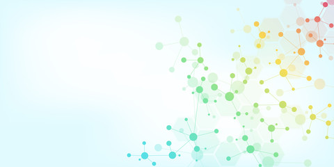 Abstract technology and innovation background with molecular structures and neural network. Molecules DNA and genetic engineering. Technical and scientific concept.