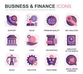 Leinwandbilder - Modern Set Business and Finance Gradient Flat Icons for Website and Mobile Apps. Contains such Icons as Analysis, Money, Accounting, Strategy, Bank. Conceptual color flat icon. Vector pictogram pack.