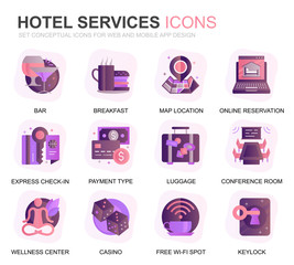 Poster - Modern Set Hotel Service Gradient Flat Icons for Website and Mobile Apps. Contains such Icons as Restaurant, Room Services, Reception. Conceptual color flat icon. Vector pictogram pack.
