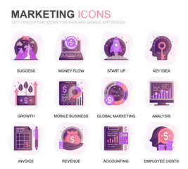 Aufkleber - Modern Set Business and Marketing Gradient Flat Icons for Website and Mobile Apps. Contains such Icons as Vision, Mission, Planning, Market. Conceptual color flat icon. Vector pictogram pack.
