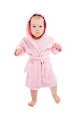 Wall Mural - full length portrait of funny baby girl in pink bathrobe posing after bath isolated on white