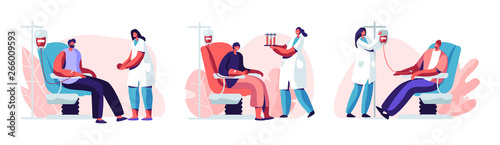 Fotografía Volunteers Male Characters Sitting in Medical Hospital Chairs Donating Blood