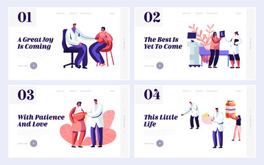 Poster - pregnant woman at doctor appointment in clinic website landing page templates set. male doctor chara