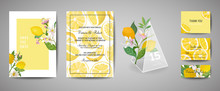 Set Of Botanical Wedding Invitation Card, Vintage Save The Date, Template Design Of Lemons Fruit Flowers And Leaves, Blossom Illustration. Vector Trendy Cover, Graphic Poster, Brochure