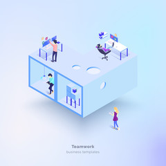 Poster - The working process. People in the office interact with each other, performing various tasks. Business management. Business structure of the organization. Modern vector illustration isometric style.