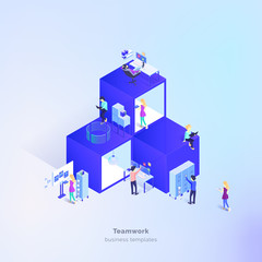 Poster - A group of people in the process. Futuristic office. Group work on the project. Work process management. Vector illustration isometric style.