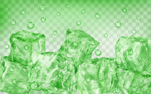 A Lot Of Translucent Green Ice Cubes And Air Bubbles Under Water On Transparent Background. Transparency Only In Vector Format