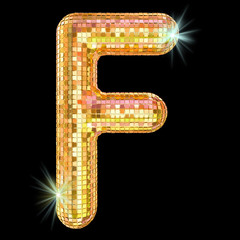 Poster - Disco font, letter F from golden glitter mirror facets. 3D rendering