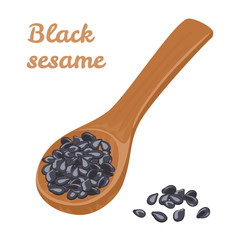 Sticker - Black sesame in wooden spoon isolated on white background. Vector illustration of heap of seeds in cartoon flat style.
