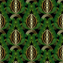 Greek Vintage 3d Floral Vector Seamless Pattern. Ornamental Ornate Background. Repeat Patterned Modern Backdrop. Abstract Greek Key Meanders Gold Ornament. Green Beautiful Swirls Flowers, Leaves.