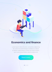 Poster - Economics and finance. A specialist with a laptop monitors performance. Economic statistics. Accounting. Modern vector illustration isometric style.