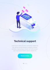 Poster - Technical support. A man interacts with a technical support system. Global map of the world. Technical support worldwide. Modern vector illustration isometric style.