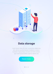 Fototapete - Data protection. Specialist interact with hardware servers. Data transfer. Data analysis. Analytics department. Modern vector illustration isometric style.