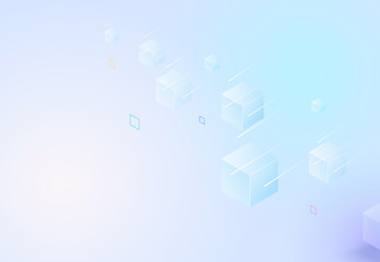 Poster - Abstract light blue background. Cubes flying in digital space. Digital technologies. Modern vector illustration isometric style.