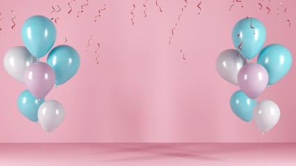 Balloons with confetti, ribbons on a pink light background. Festive illustration, greeting card, poster, congratulations on birthday, anniversary. Minimalistic creative picture - 3D, render.