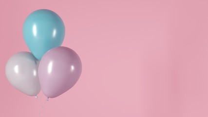 Blue balloons on a pink light background of the room, studio. Festive illustration, greeting card, poster, congratulations on birthday, anniversary. Minimalistic creative picture - 3D, render.