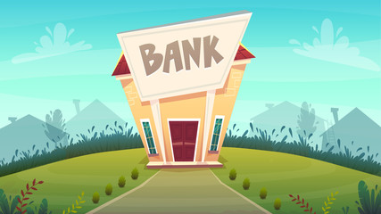 cartoon bank branch at city street illustration . happy financial business planing .  money of stock exchange finance vector. safe deposit box or credit