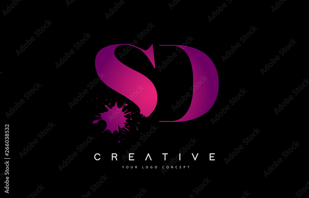 Purple Pink SD S D Letter Logo Design with Ink Watercolor Splash Spill ...