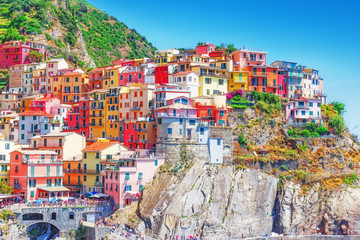 Manarola, Italy - the Cinque Terre National Italian park. UNESCO world heritage site. Historical ancient Mediterranean place. Famous and Popular travel destination. Manarola is one of five villages.