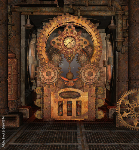  Obraz  Industrialny  steampunk-zardzewialy-pokoj-z-duzym-kolem-zebatym-ilustracja-3d