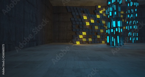Ilustracja: Abstract Concrete Futuristic Sci-Fi interior With Blue And Yellow Glowing Neon Tubes . 3D illustration and rendering. Abstract Concrete Futuristic Sci-Fi interior With Blue And Yellow Glowing Neon Tubes . 3D illustration and rendering.