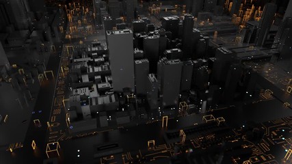 Poster - 3d render of technology and city concept. background with reflective abstract skyscrapers and digita