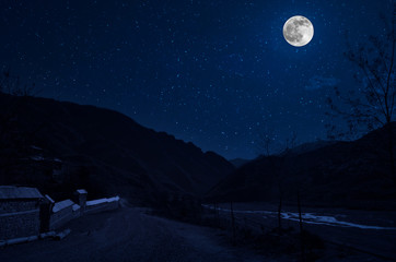 Wall Mural - mountain road through the forest on a full moon night. scenic night landscape of country road at nig
