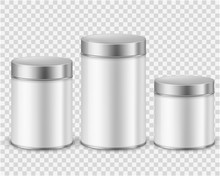Metal Tin Can Container. Template Packaging Dry Products Tea Coffee Sugar Cereals Spice Powder Rounded Cans Mockup. Realistic Vector