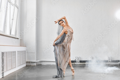 Photographie  Modern ballet dancer in scenic flowing costume working out at studio during final reheasal
