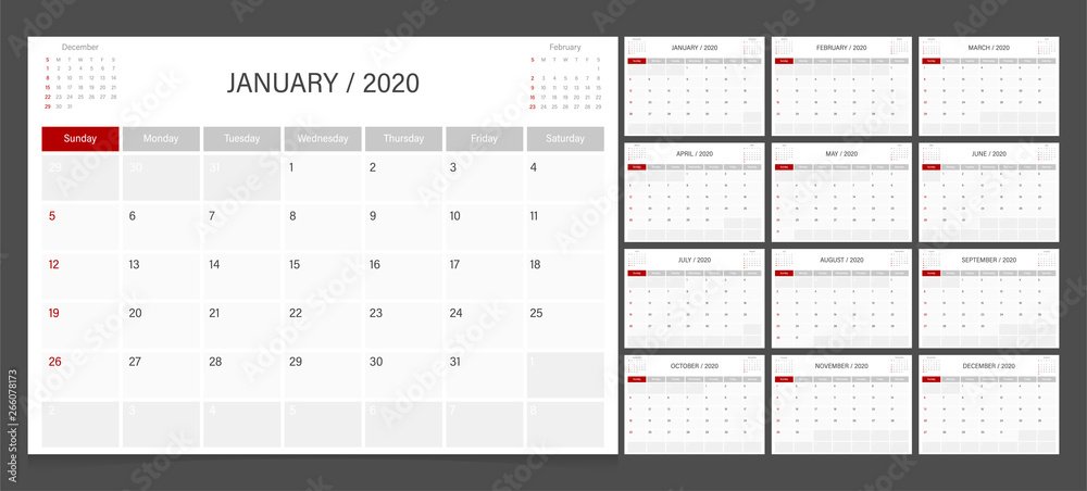 2020 calendar planner design template vector week start Sunday.. Stock ...