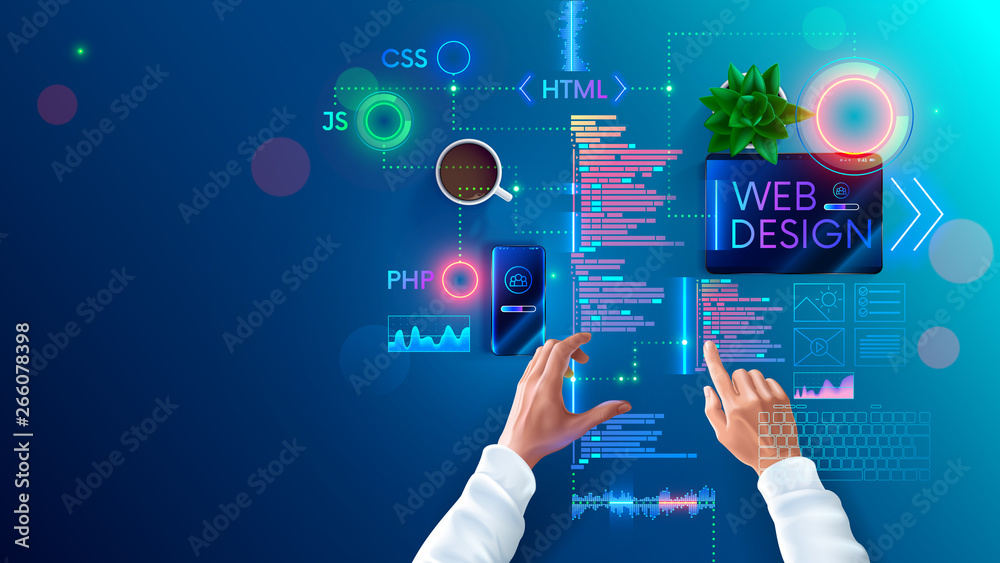 Web design and coding in internet page development languages. Designer develops site layout in programming languages and scripts. Banner concept of process of creating mobile Internet websites. - obrazy, fototapety, plakaty 