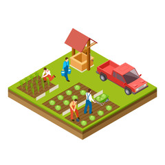 Sticker - Gardening and harvesting vector 3d isometric concept. Collect harvest and grow agriculture illustration