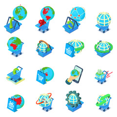 Poster - World shopping icons set. Isometric set of 16 world shopping vector icons for web isolated on white background